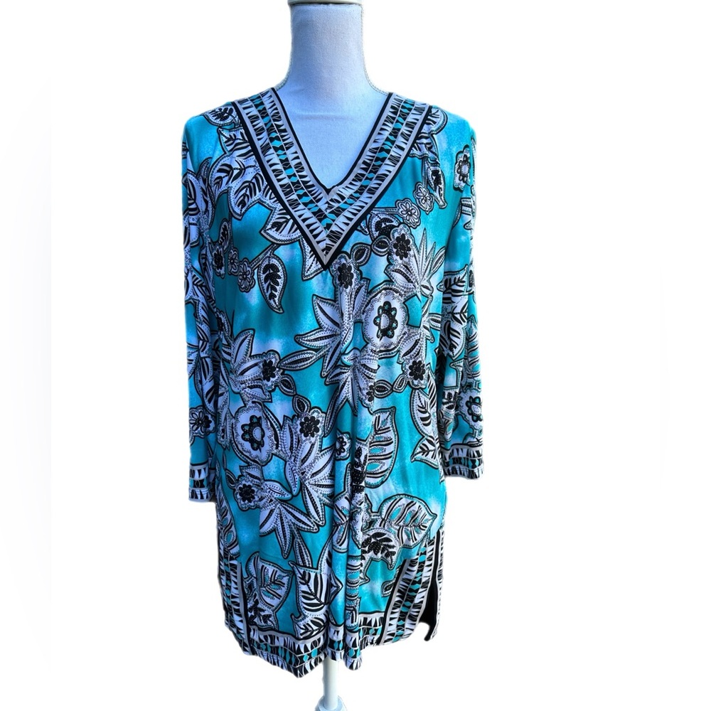 JM Collection Teal and Black Patterned Tunic